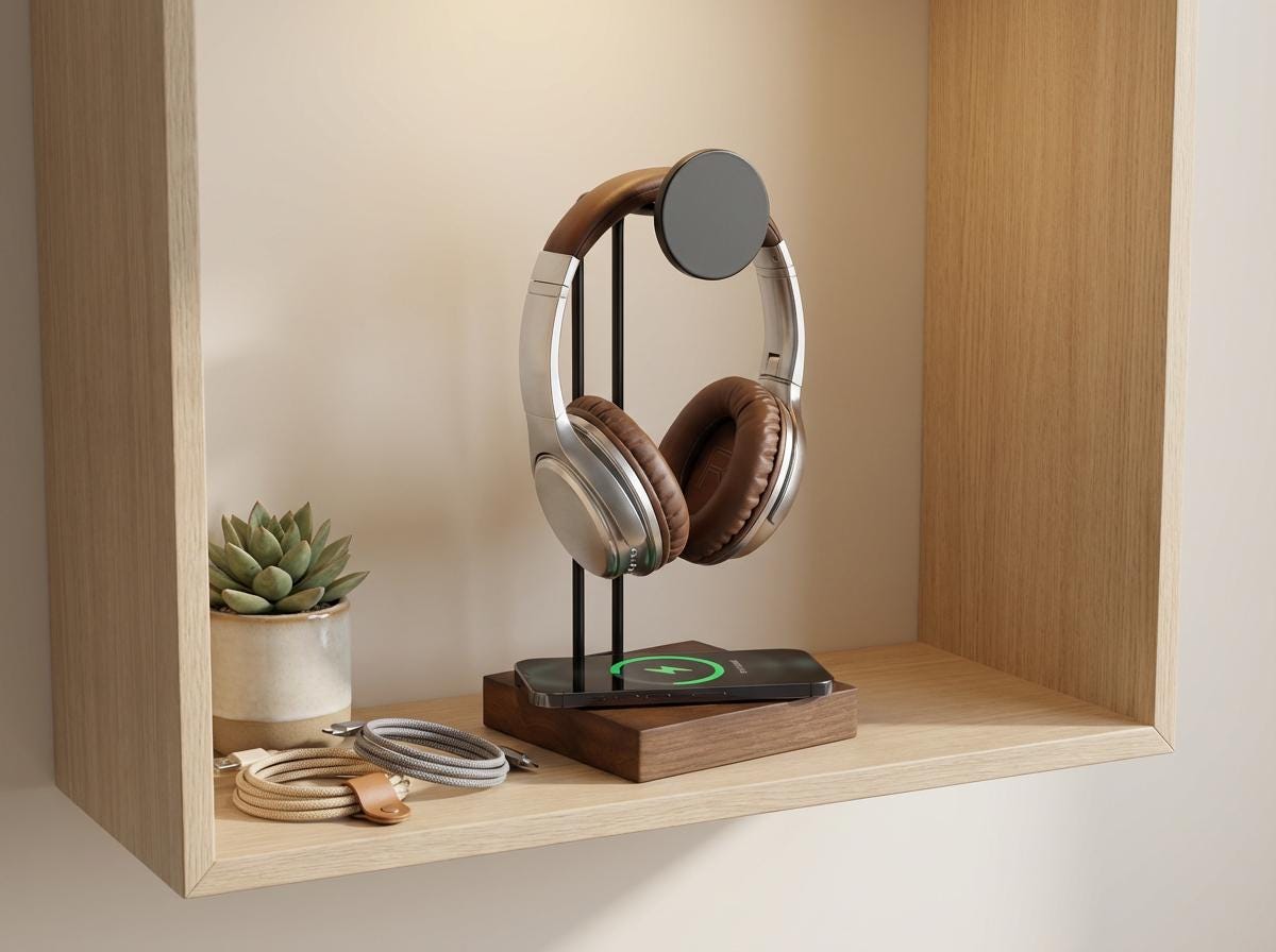 Personalized Headphone Stand with Wireless Charger in Wood Base - Minimal Shelf or Desk Organizer