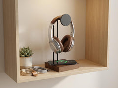 Personalized Headphone Stand with Wireless Charger in Wood Base - Minimal Shelf or Desk Organizer