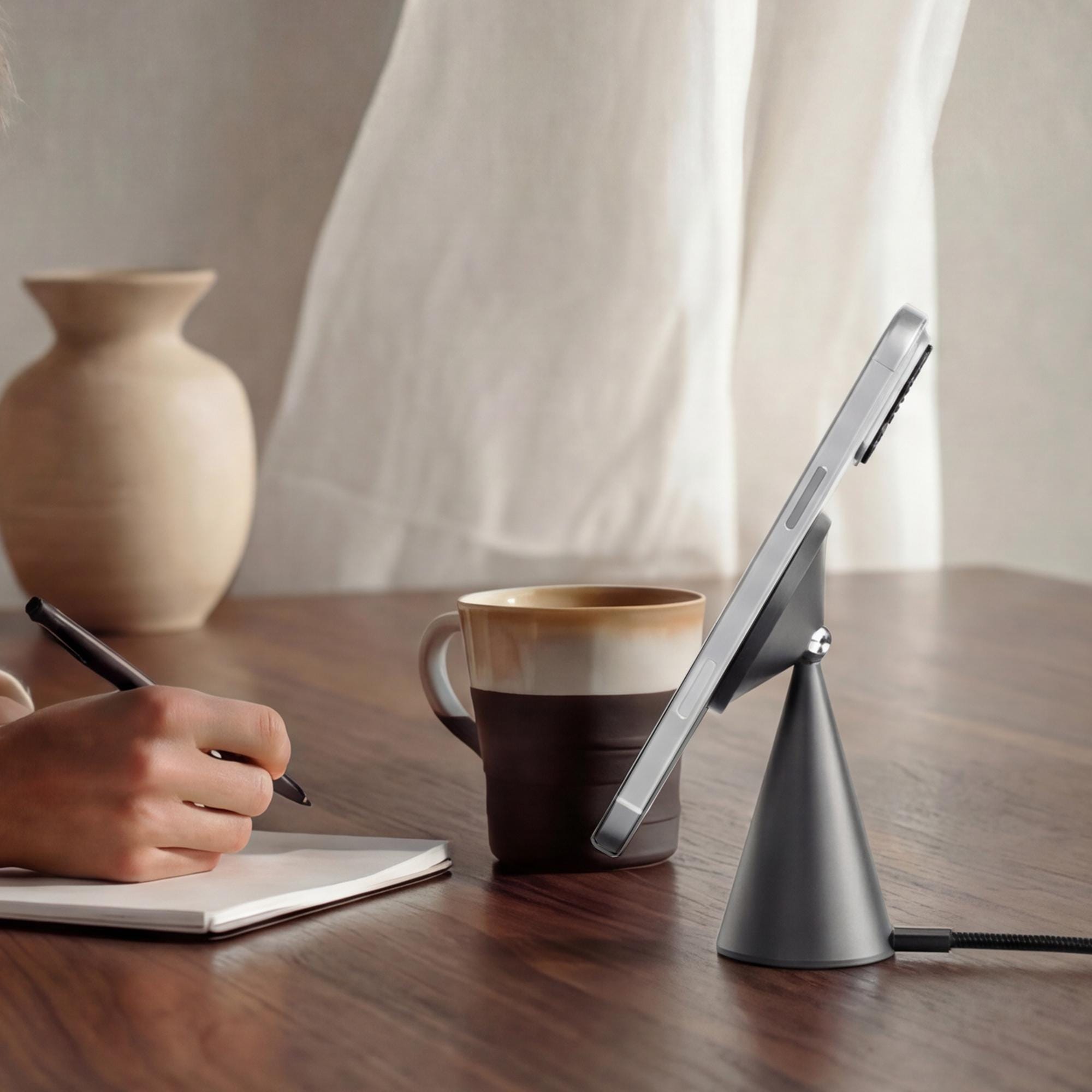 Wireless Charger Stand for iPhone: Black Walnut Wood & Aluminum Charging Station, Compatible with MagSafe