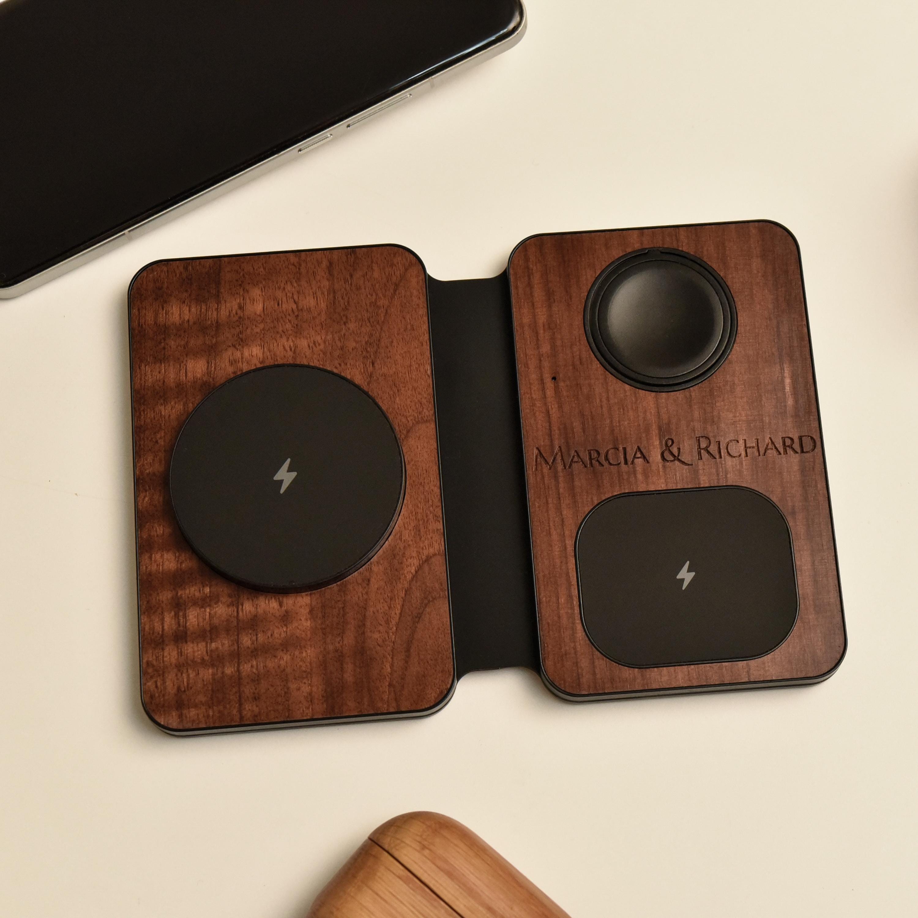 Personalized Wireless Charging Station, Custom Wood Charger Stand, iWatch & AirPods Charger, Engraved Dock, Gift for Him