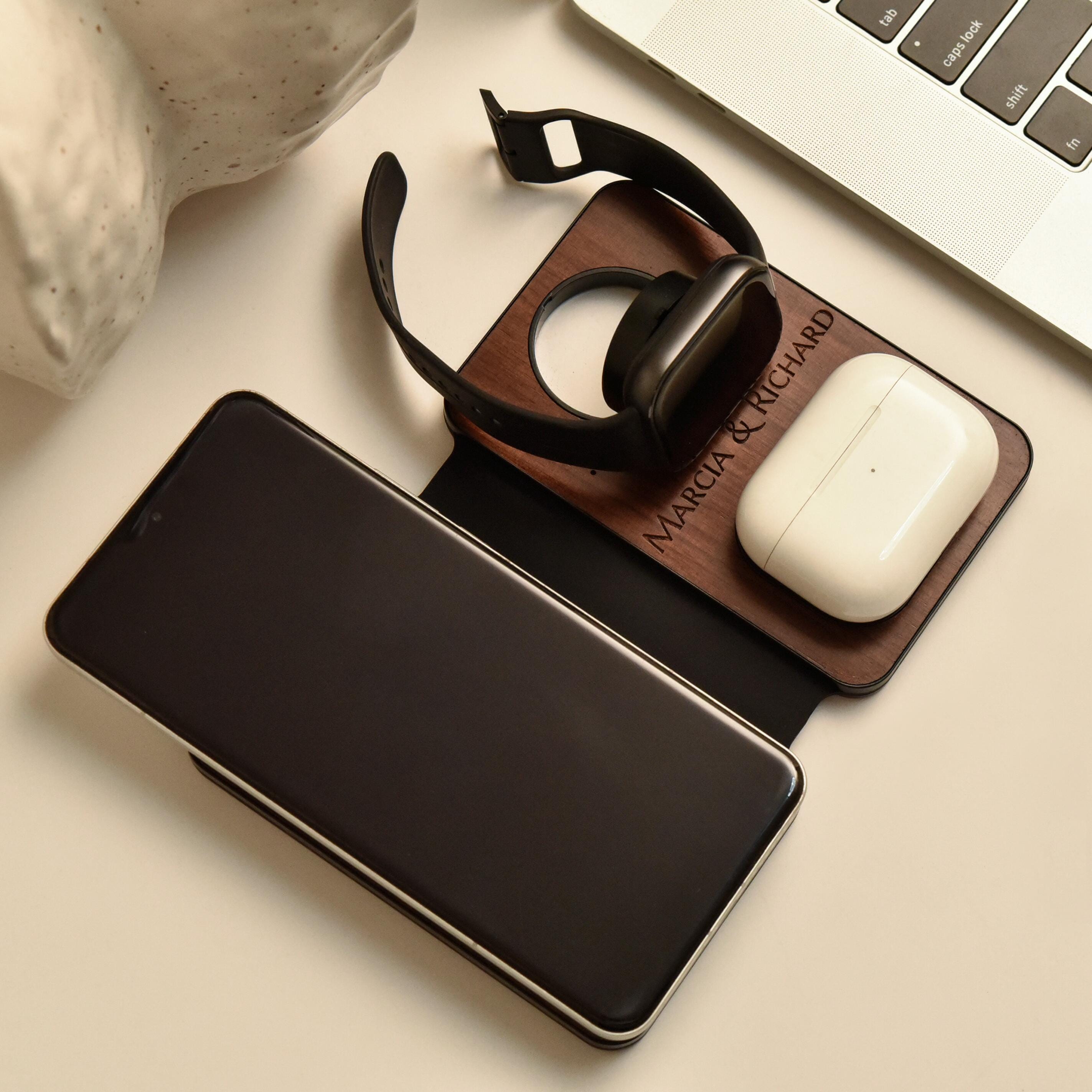 Personalized Wireless Charging Station, Custom Wood Charger Stand, iWatch & AirPods Charger, Engraved Dock, Gift for Him