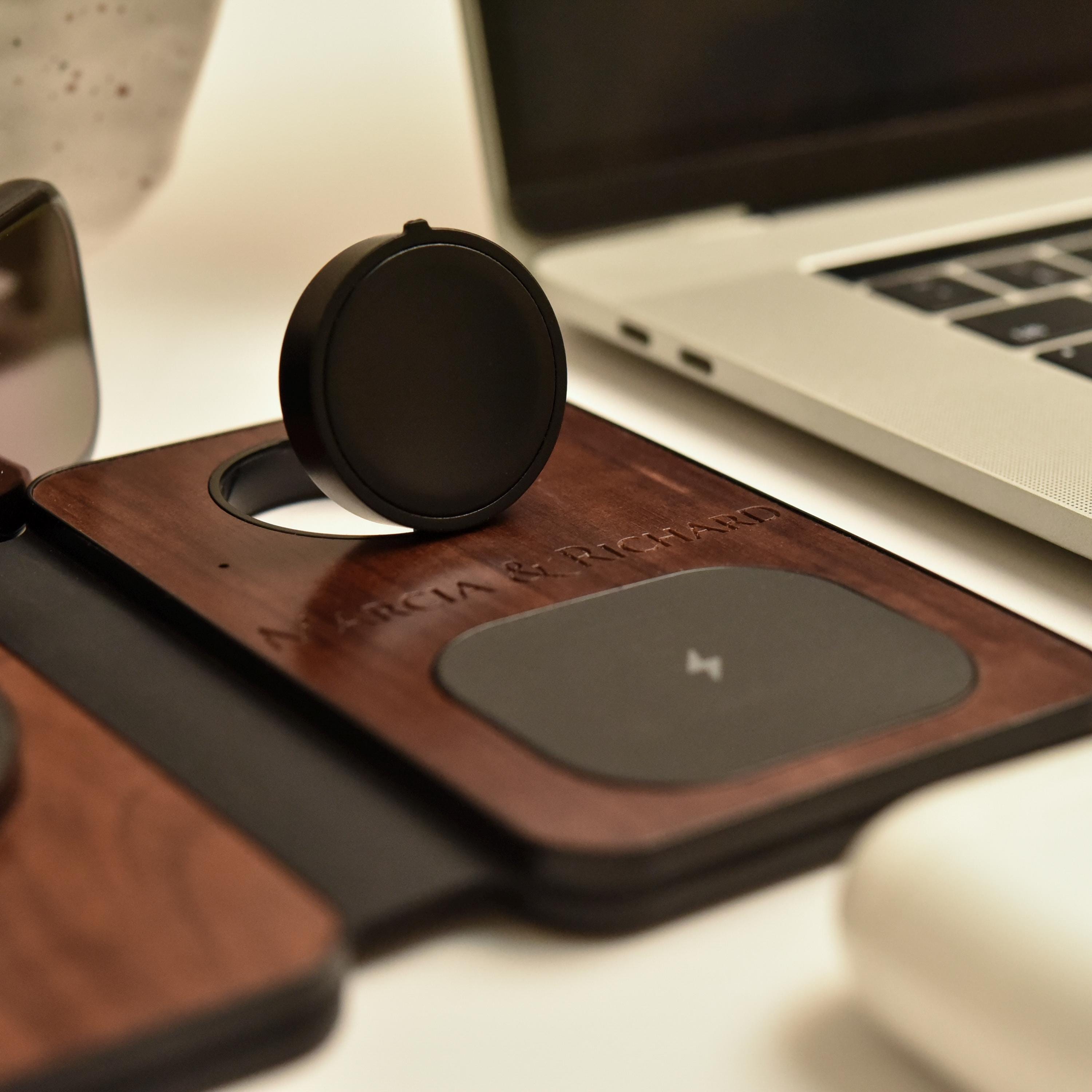 Personalized Wireless Charging Station, Custom Wood Charger Stand, iWatch & AirPods Charger, Engraved Dock, Gift for Him